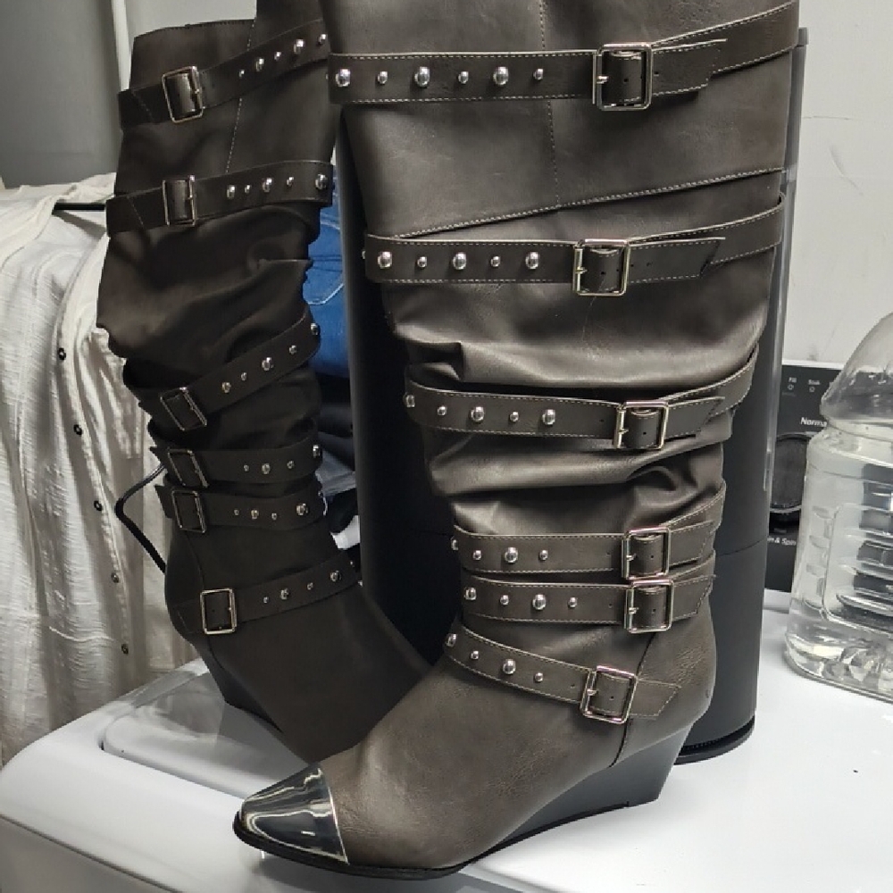 Gray Studded Heeled Boots Brand New